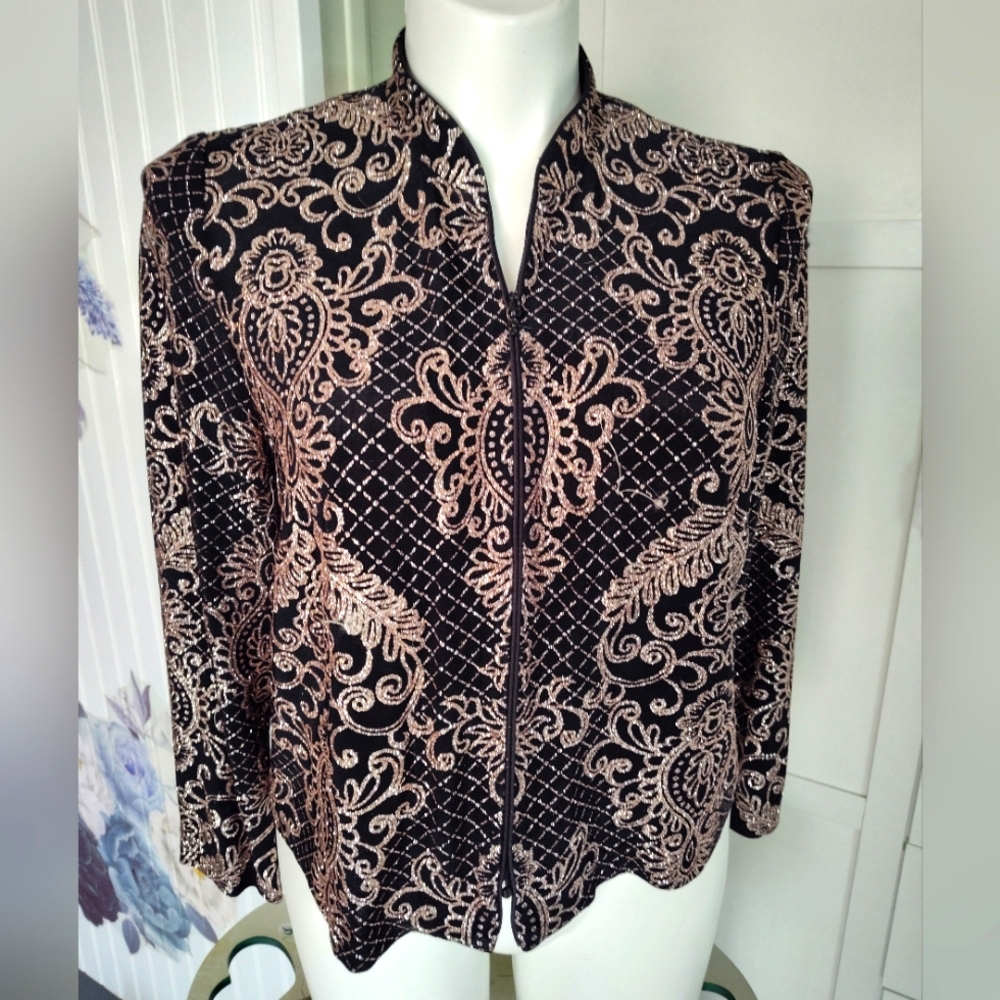 Alex Evenings Womens Black Collared Glitter Sparkle Zip-Front Top Jacket Sz 16W
